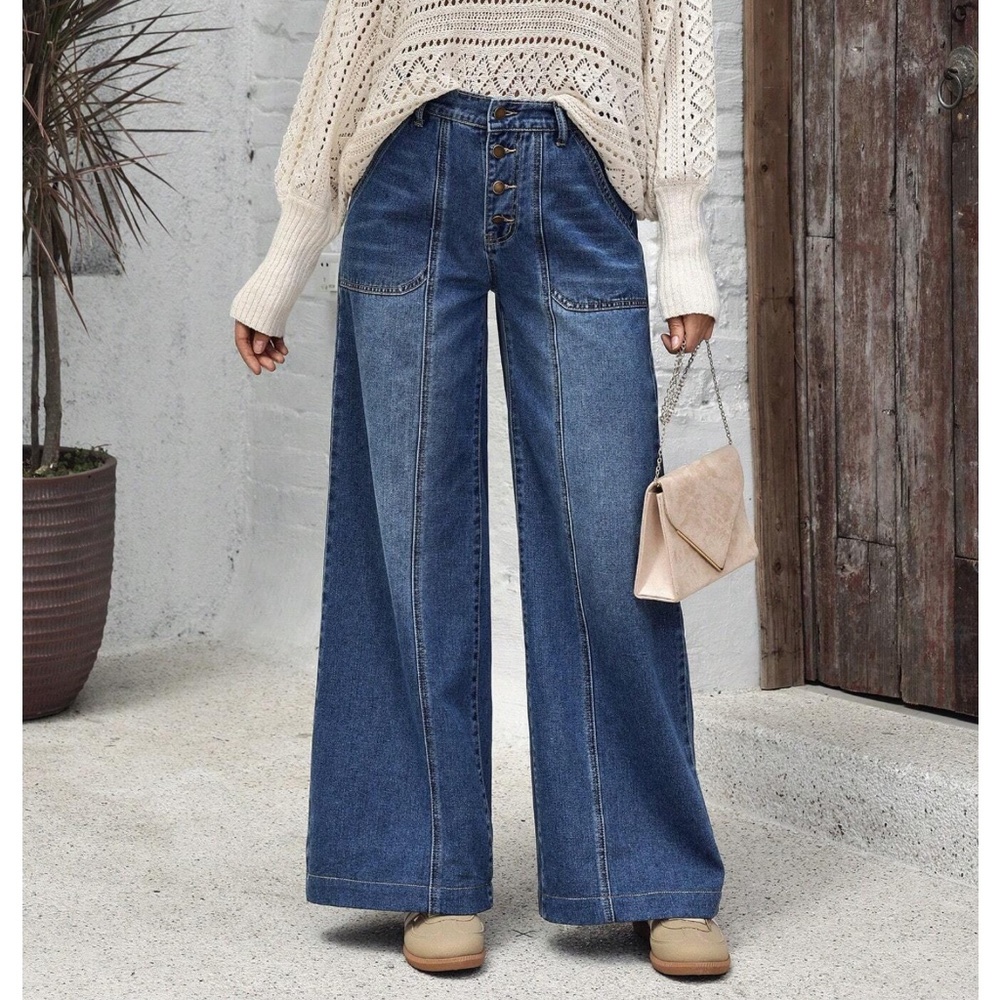 Dark Wash  Blue Wide leg Button Fly Wide leg Denim Jeans - Picture 8 of 8